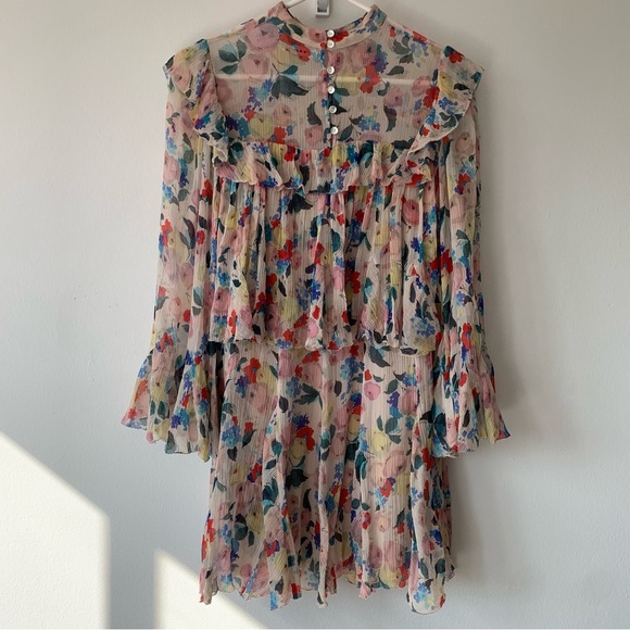 Doen Alette Silk Floral Long Sleeve Mini Dress Fleur Du Matin - Picture 10 of 14